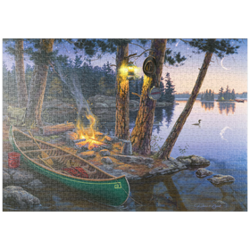 Darstellung des Puzzle-Motivs Abendliches Lagerfeuer am Seeufer – Puzzleteile: 1000