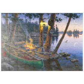 Darstellung des Puzzle Motivs Abendliches Lagerfeuer am Seeufer - Puzzleteile: 100
