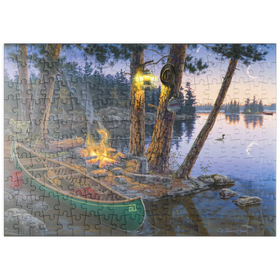 Darstellung des Puzzle-Motivs Abendliches Lagerfeuer am Seeufer – Puzzleteile: 200