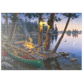Darstellung des Puzzle-Motivs Abendliches Lagerfeuer am Seeufer – Puzzleteile: 500