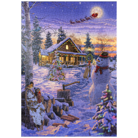 Darstellung des Puzzle-Motivs Schneemann begrüßt den Weihnachtsmann – Puzzleteile: 1000