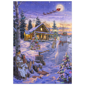 Darstellung des Puzzle-Motivs Schneemann begrüßt den Weihnachtsmann – Puzzleteile: 100