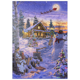 Darstellung des Puzzle-Motivs Schneemann begrüßt den Weihnachtsmann – Puzzleteile: 200