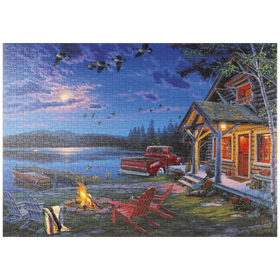Darstellung des Puzzle-Motivs Hütte am See im Mondschein – Puzzleteile: 1000
