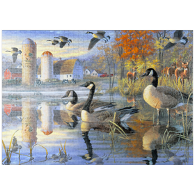 Darstellung des Puzzle Motivs Gänse und Rehe im Morgenlicht - Puzzleteile: 1000