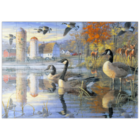 Darstellung des Puzzle Motivs Gänse und Rehe im Morgenlicht - Puzzleteile: 100
