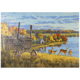 Darstellung des Puzzle-Motivs Der alte Traktor und die Hirsche – Puzzleteile: 1000