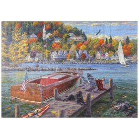 Darstellung des Puzzle-Motivs Gemütliche Herbsttage am Seeufer – Puzzleteile: 1000