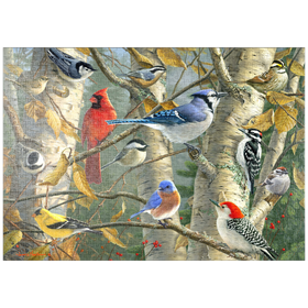 Darstellung des Puzzle-Motivs Gefiederte Freunde im Birkenhain – Puzzleteile: 1000