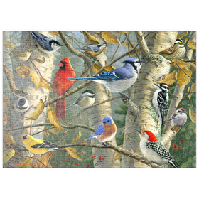 Darstellung des Puzzle Motivs Gefiederte Freunde im Birkenhain - Puzzleteile: 500