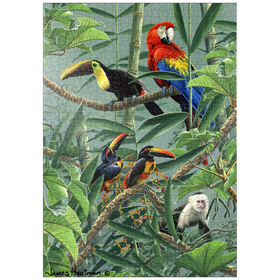 Darstellung des Puzzle-Motivs Papageien und Tukane im Regenwald – Puzzleteile: 1000
