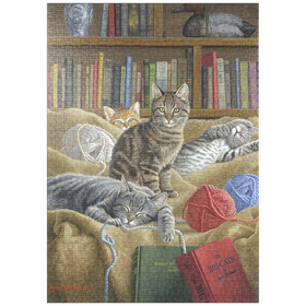 Darstellung des Puzzle Motivs Verspielte Katzen in der Bibliothek - Puzzleteile: 1000