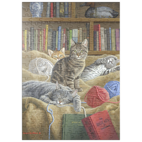 Darstellung des Puzzle Motivs Verspielte Katzen in der Bibliothek - Puzzleteile: 200
