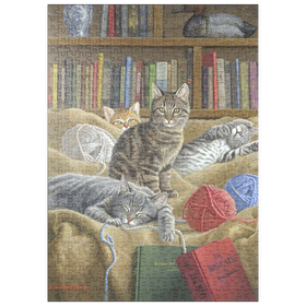 Darstellung des Puzzle Motivs Verspielte Katzen in der Bibliothek - Puzzleteile: 500