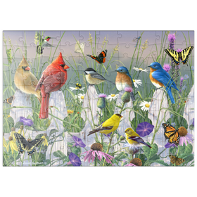 Darstellung des Puzzle Motivs Vögel und Schmetterlinge im Blütenmeer - Puzzleteile: 100