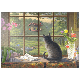Darstellung des Puzzle Motivs Neugierige Katze und Gartenvögel - Puzzleteile: 1000