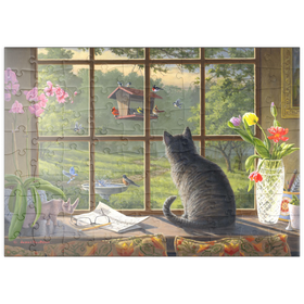 Darstellung des Puzzle Motivs Neugierige Katze und Gartenvögel - Puzzleteile: 100