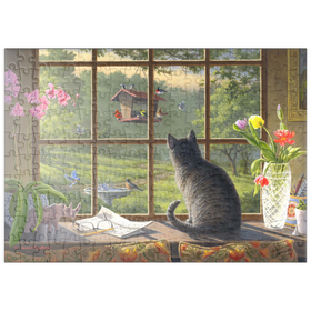 Darstellung des Puzzle Motivs Neugierige Katze und Gartenvögel - Puzzleteile: 200