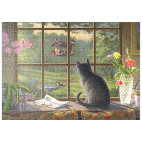 Darstellung des Puzzle Motivs Neugierige Katze und Gartenvögel - Puzzleteile: 500