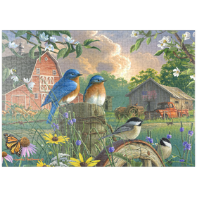 Darstellung des Puzzle-Motivs Vogelgezwitscher auf der Farm – Puzzleteile: 1000