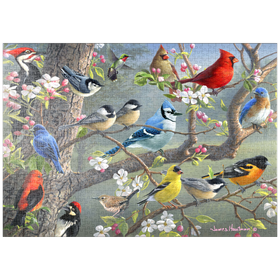 Darstellung des Puzzle Motivs Bunte Vögel im Blütenbaum - Puzzleteile: 1000