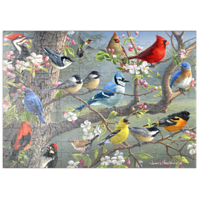 Darstellung des Puzzle-Motivs Bunte Vögel im Blütenbaum – Puzzleteile: 100