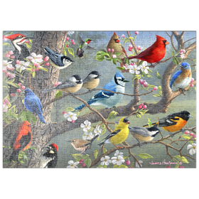 Darstellung des Puzzle-Motivs Bunte Vögel im Blütenbaum – Puzzleteile: 500