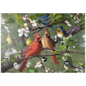 Darstellung des Puzzle Motivs Singvögel im Blütenrausch - Puzzleteile: 1000