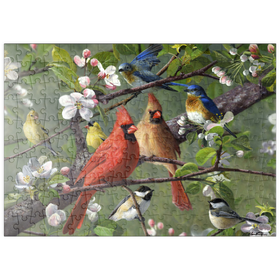 Darstellung des Puzzle Motivs Singvögel im Blütenrausch - Puzzleteile: 200