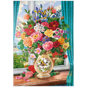 Darstellung des Puzzle-Motivs Schöne Blumen am Fenster – Puzzleteile: 1000