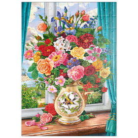Darstellung des Puzzle Motivs Schöne Blumen am Fenster - Puzzleteile: 100