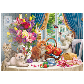 Darstellung des Puzzle-Motivs Kuschelige Kätzchen im Wohnzimmer – Puzzleteile: 1000