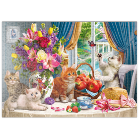 Darstellung des Puzzle Motivs Kuschelige Kätzchen im Wohnzimmer - Puzzleteile: 500