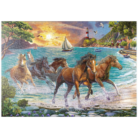 Darstellung des Puzzle Motivs Pferde am Meer bei Sonnenuntergang - Puzzleteile: 1000