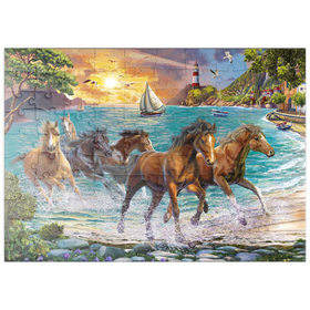 Darstellung des Puzzle Motivs Pferde am Meer bei Sonnenuntergang - Puzzleteile: 100