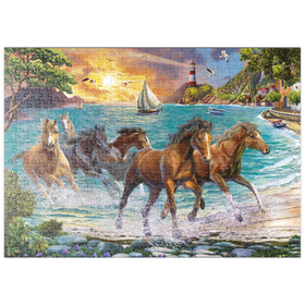 Darstellung des Puzzle Motivs Pferde am Meer bei Sonnenuntergang - Puzzleteile: 500