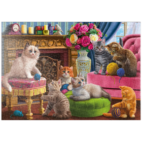 Darstellung des Puzzle-Motivs Kätzchen am Kamin – Puzzleteile: 1000