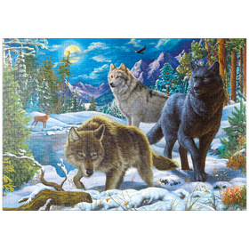 Darstellung des Puzzle-Motivs Wölfe in der verschneiten Nacht – Puzzleteile: 1000