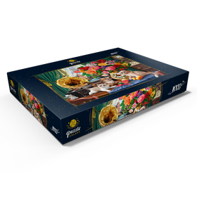 Darstellung des Puzzle Motivs Vintage-Charme mit Kätzchen und Blumen - Puzzleteile: 1000
