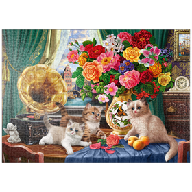 Darstellung des Puzzle-Motivs Vintage-Charme mit Kätzchen und Blumen – Puzzleteile: 1000