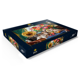 Darstellung des Puzzle Motivs Vintage-Charme mit Kätzchen und Blumen - Puzzleteile: 100
