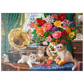 Darstellung des Puzzle-Motivs Vintage-Charme mit Kätzchen und Blumen – Puzzleteile: 200