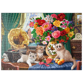 Darstellung des Puzzle-Motivs Vintage-Charme mit Kätzchen und Blumen – Puzzleteile: 500