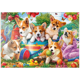 Darstellung des Puzzle Motivs Spielzeit im Grünen: Corgis und ihre fröhlichen Momente - Puzzleteile: 1000