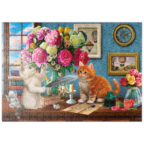 Darstellung des Puzzle Motivs Verspielte Kätzchen und prächtige Blüten: Ein Bild der Freude - Puzzleteile: 200