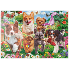 Darstellung des Puzzle Motivs Spielende Welpen im Blütenparadies - Puzzleteile: 1000