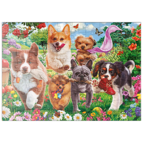 Darstellung des Puzzle Motivs Spielende Welpen im Blütenparadies - Puzzleteile: 100