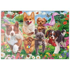 Darstellung des Puzzle Motivs Spielende Welpen im Blütenparadies - Puzzleteile: 200