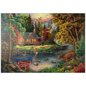 Darstellung des Puzzle Motivs Waldhütte am funkelnden Fluss - Puzzleteile: 1000