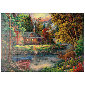 Darstellung des Puzzle Motivs Waldhütte am funkelnden Fluss - Puzzleteile: 100